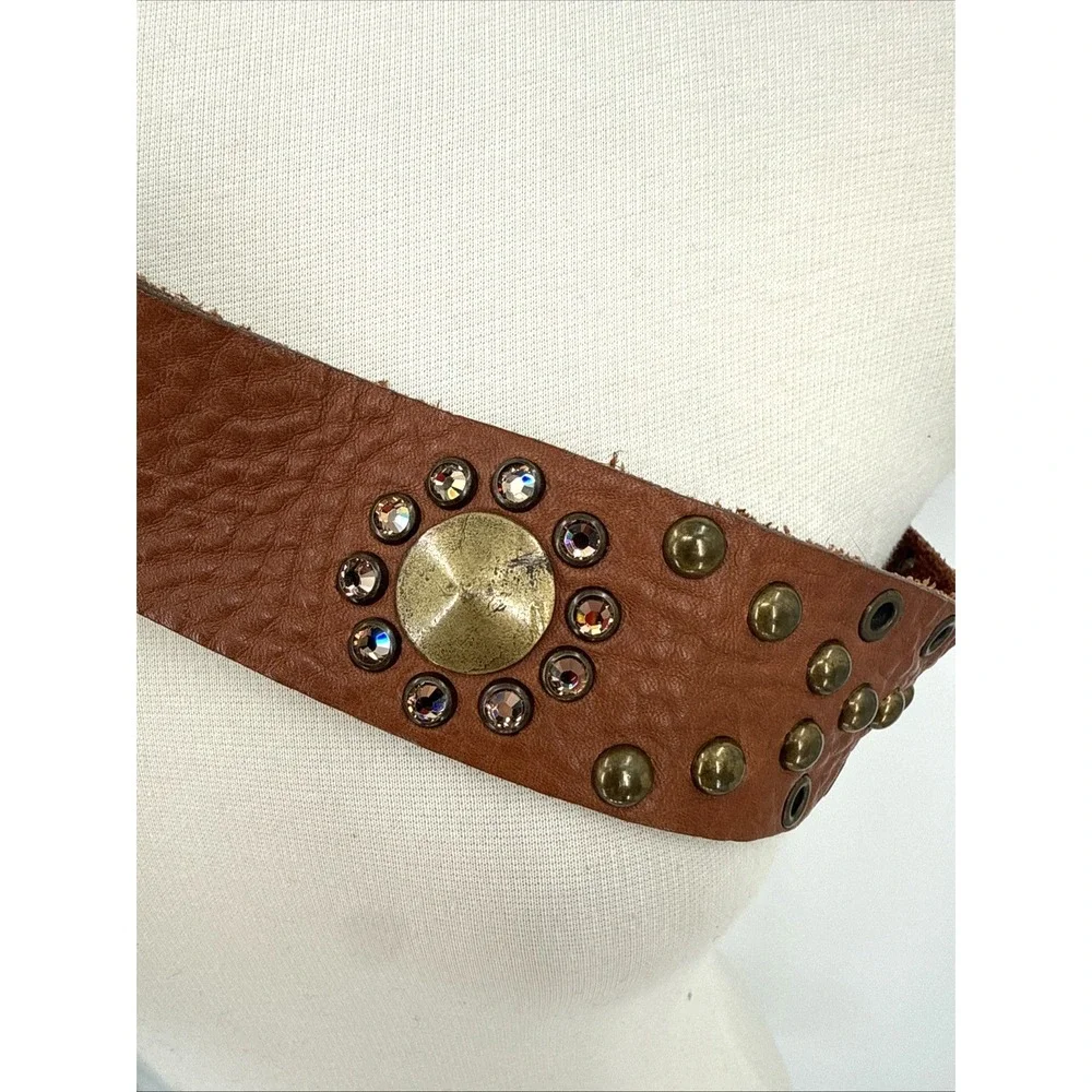 LeatheRock Womens Brown Leather Studded Rhinestone Belt Size M34 Boho Cowgirl